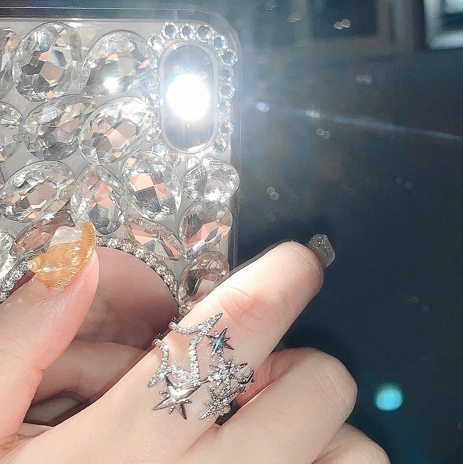 Crisp Star Design 18K White Gold Plated Zirconia Full Star Open Ring for Index Finger Meteor Ring Adjustable