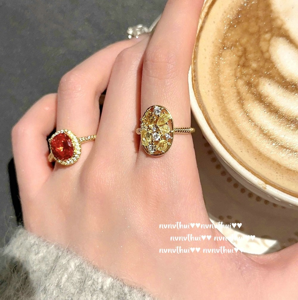 Dusk-colored amethyst abacus-shaped gemstone ring, plated with 18K gold, Fendaa egg-shaped ring