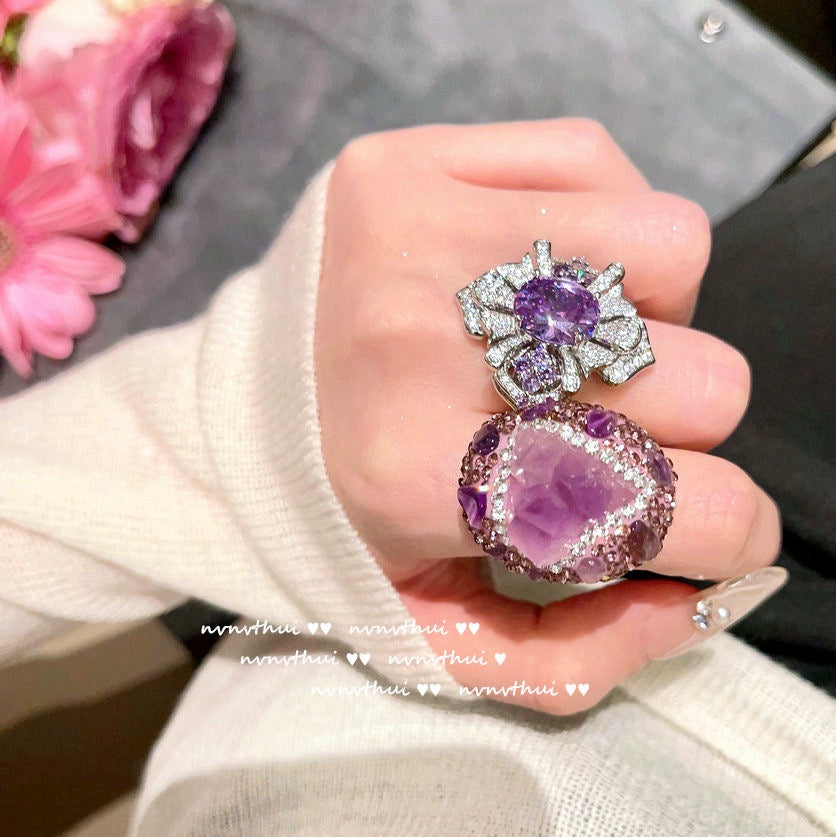 Vintage Uruguay purple flower gemstone ring, 18K gold plated, Tanzanite zircon ring