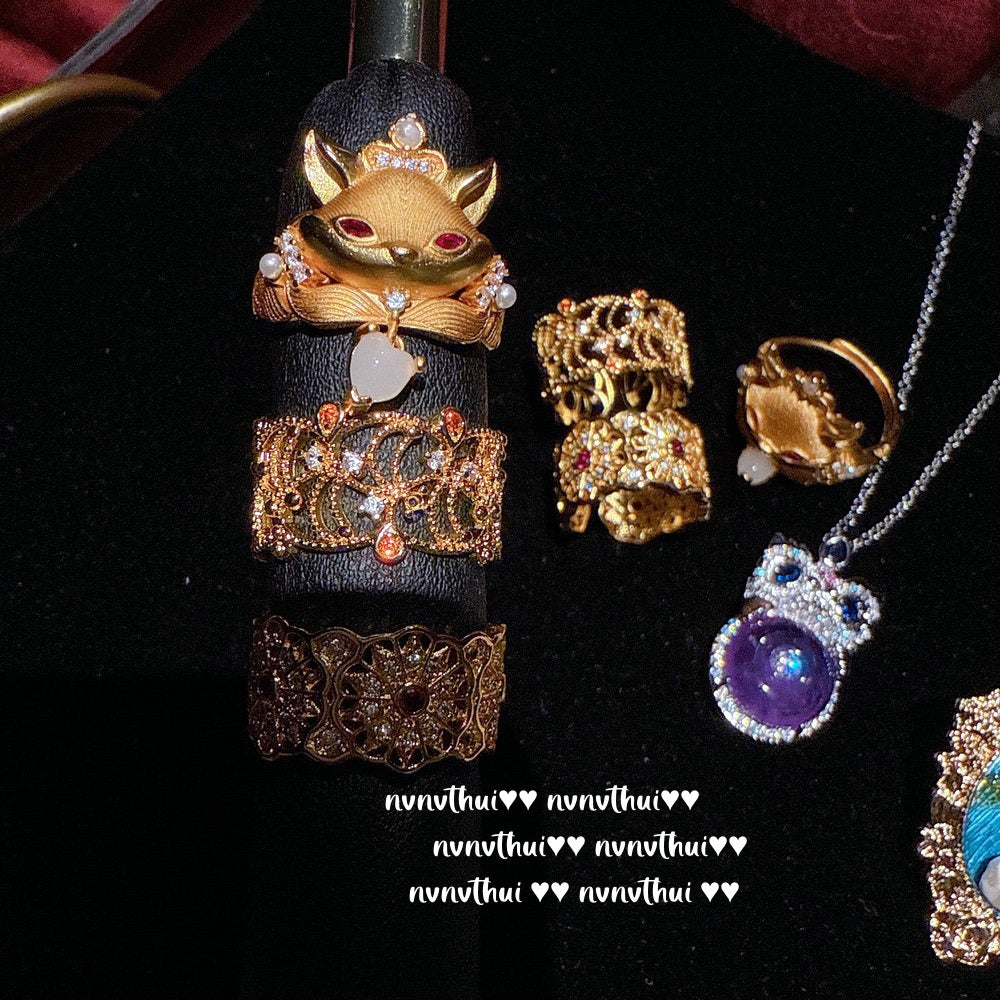 Ancient-style gold wire inlaid with mother-of-pearl Fu Man Orchid flower ring - New Chinese style Rose window with abundant flowers and zircon ring