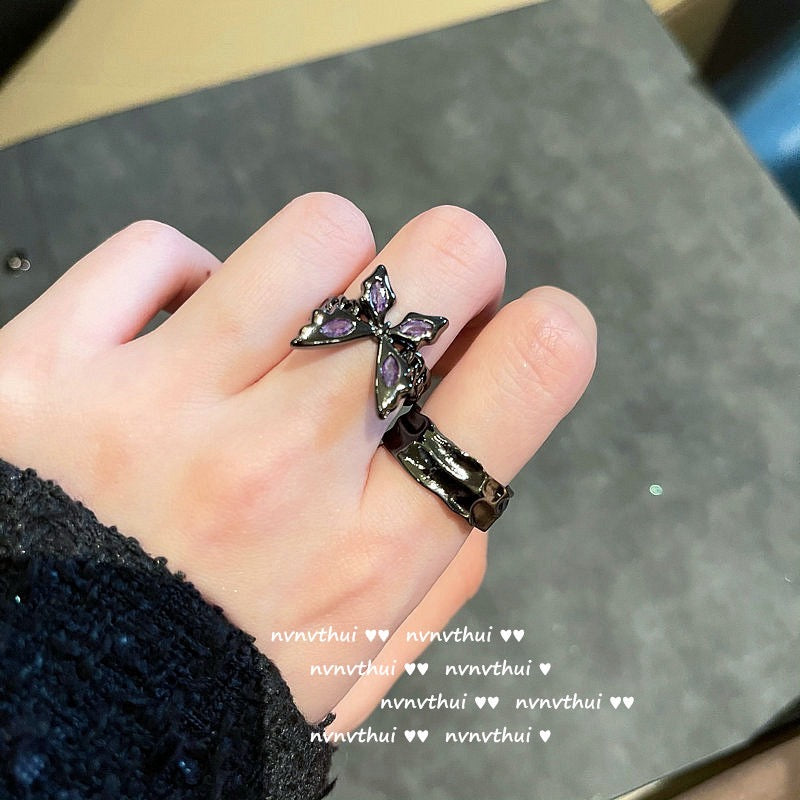 Water Shadow Butterfly Gemstone Ring - Designer - 18K Gold Plated - Melted Grape Purple Zirconia Butterfly Ring - Adjustable