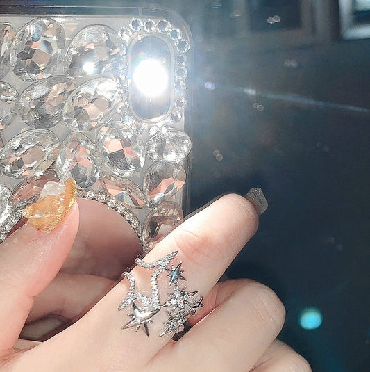 Crisp Star Design 18K White Gold Plated Zirconia Full Star Open Ring for Index Finger Meteor Ring Adjustable