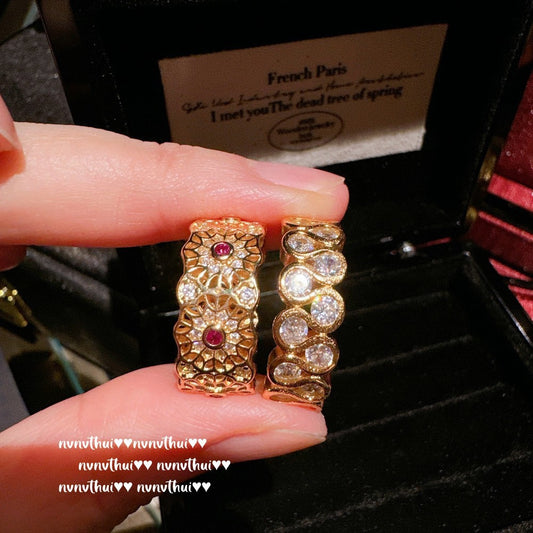 Ancient-style gold wire inlaid with mother-of-pearl Fu Man Orchid flower ring - New Chinese style Rose window with abundant flowers and zircon ring