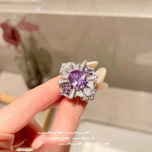 Vintage Uruguay purple flower gemstone ring, 18K gold plated, Tanzanite zircon ring