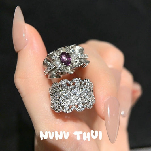 Amethyst crystal egg-style skirt hem beaded pearl ring, Monet purple vine flower zircon.