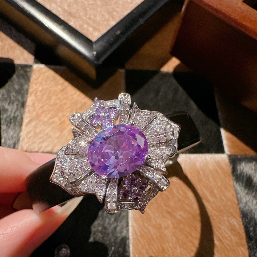 Vintage Uruguay purple flower gemstone ring, 18K gold plated, Tanzanite zircon ring