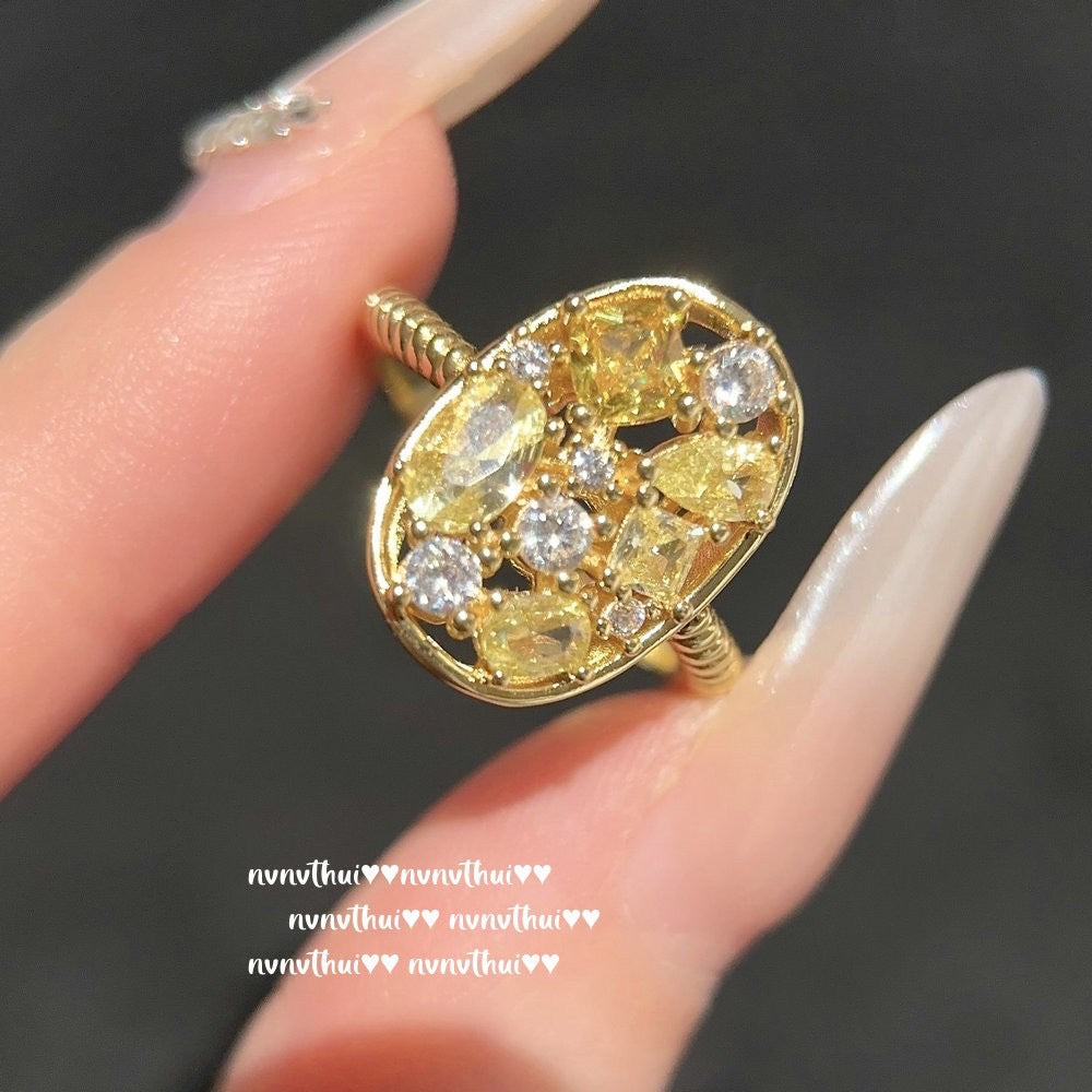 Dusk-colored amethyst abacus-shaped gemstone ring, plated with 18K gold, Fendaa egg-shaped ring