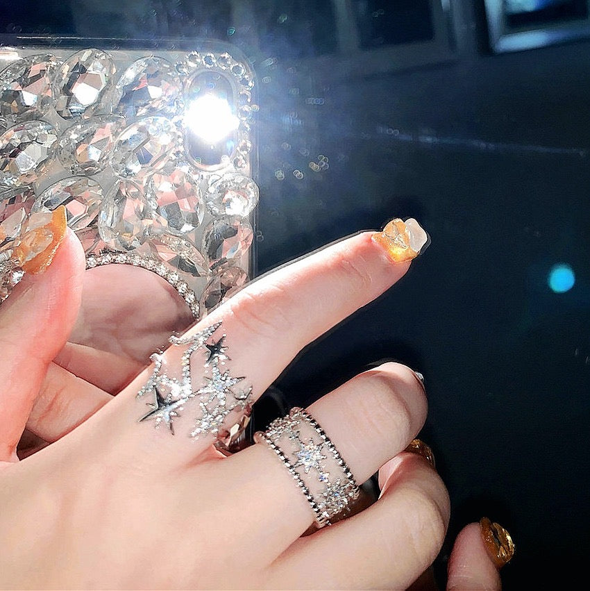 Crisp Star Design 18K White Gold Plated Zirconia Full Star Open Ring for Index Finger Meteor Ring Adjustable
