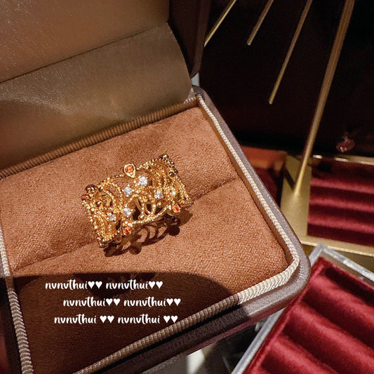 Ancient-style gold wire inlaid with mother-of-pearl Fu Man Orchid flower ring - New Chinese style Rose window with abundant flowers and zircon ring