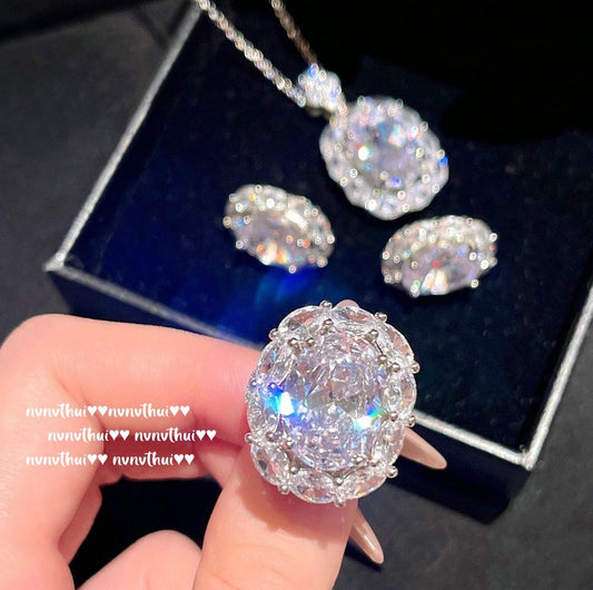 Dazzling egg-shaped gemstone necklace, wealthy young lady, 18K gold plated, crown ring